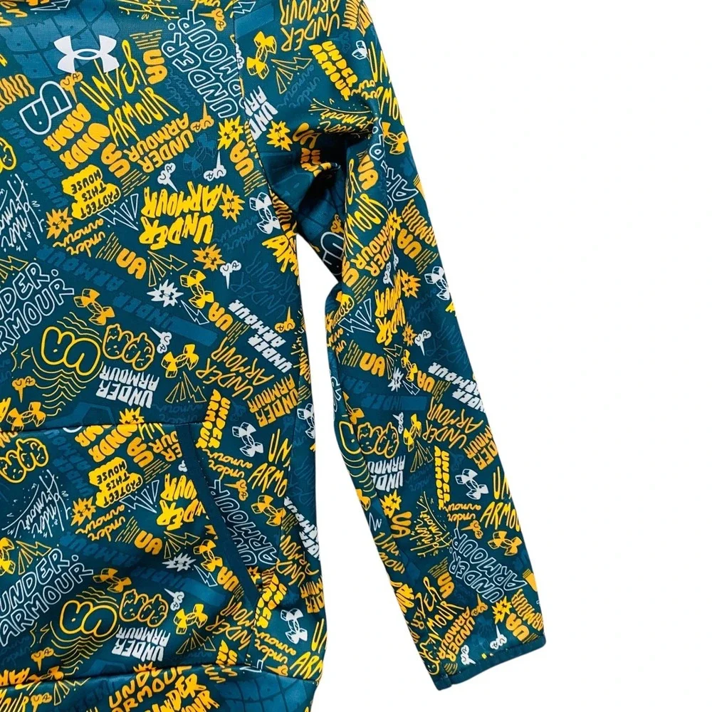 Under Armour Youth Hoodie Graphic Print‎ Teal Yellow Pullover Hooded Sweatshirt